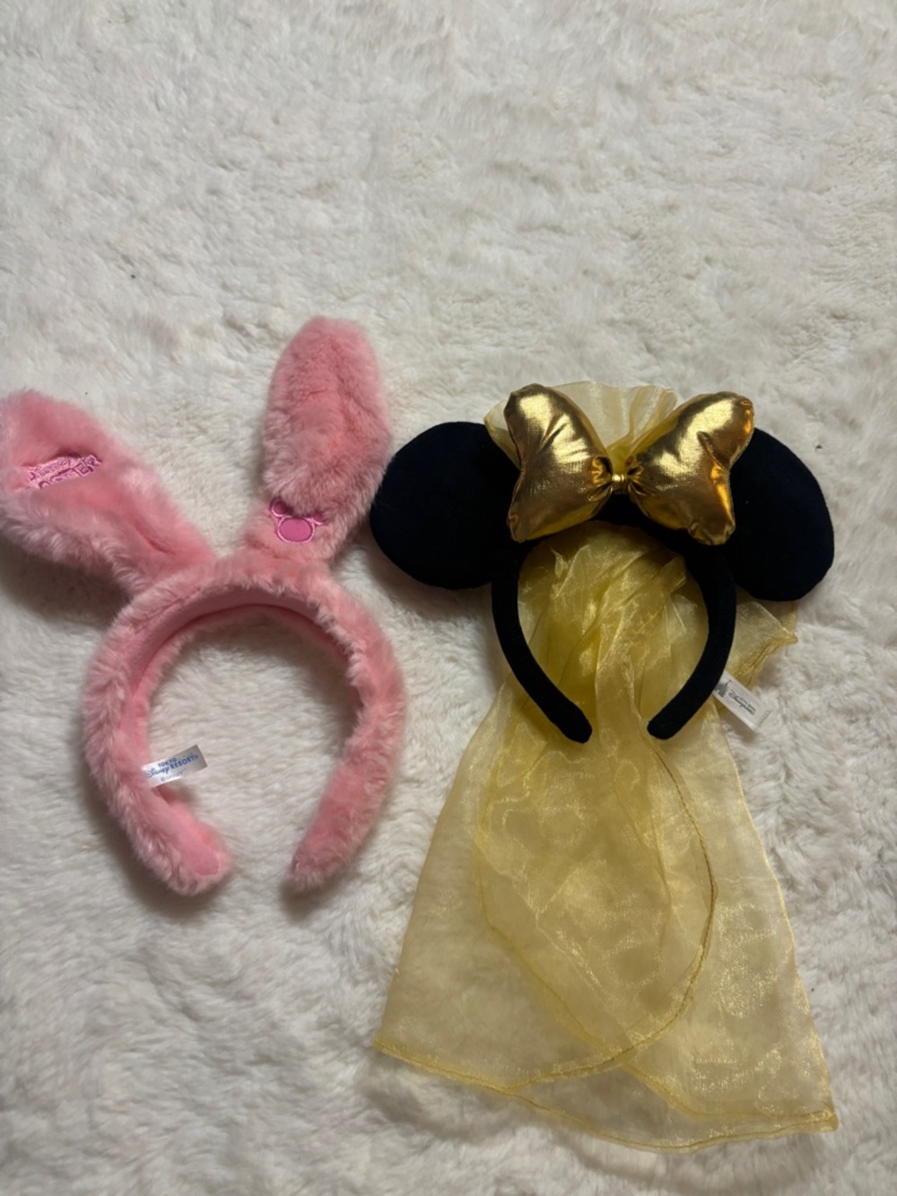 Disney Pink Bunny Ears Headband and Disney Black Minnie Ears with Gold Bow